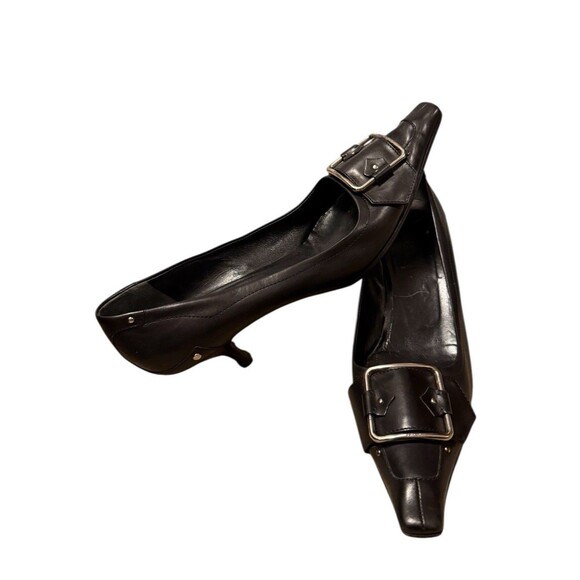 Prada Point Toe Kitten Heel Silver Buckle Black Leather Size 39.5 Vibram Y2K - Picture 1 of 12